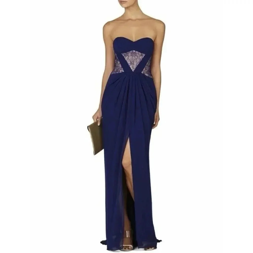 BCBGMAXAZRIA BLUE NATALEA STRAPLESS RUCHED-BODICE GOWN SIZE 4